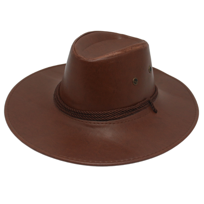 跨境西部牛仔帽民族风户外赛马骑士帽仿皮革亮面大沿礼帽定型帽子