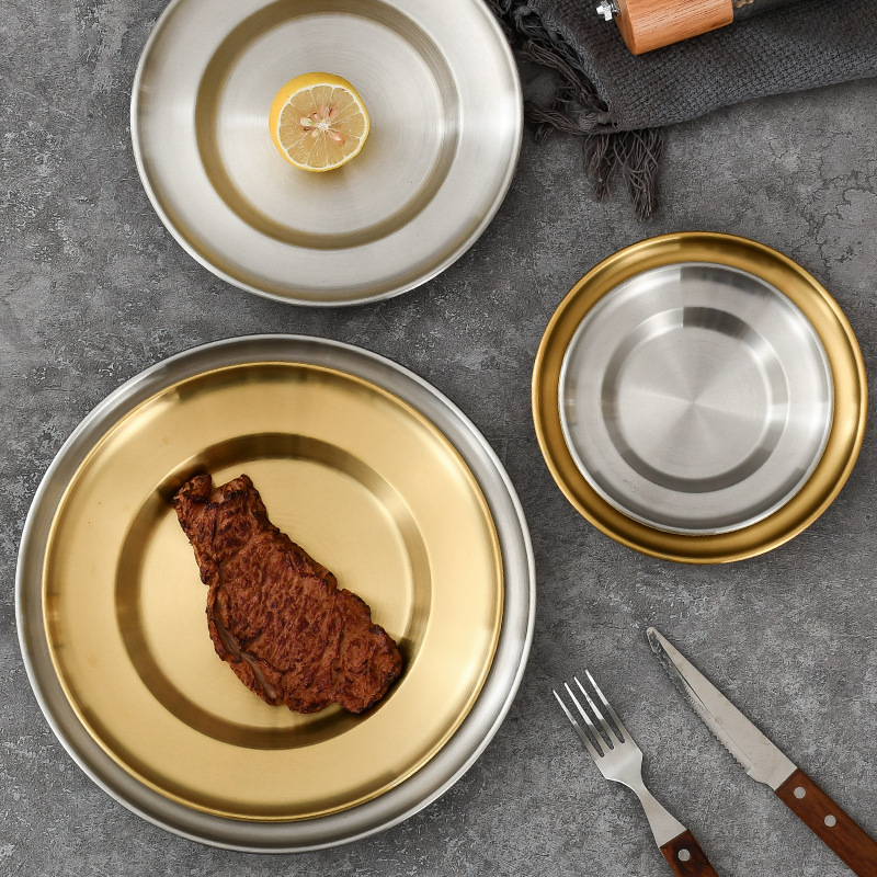Stainless Steel Disc Golden Tray Fruit Plate Cake Plate Chinese Plate Dessert Plate 304 Barbecue Plate 201 Korean Style