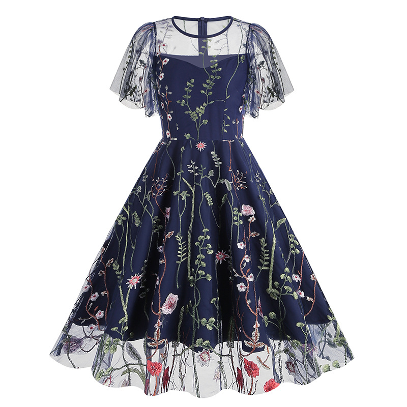 Amazon Europe and the United States cross-border round neck short sleeve heavy embroidery dress 50s dress 8235