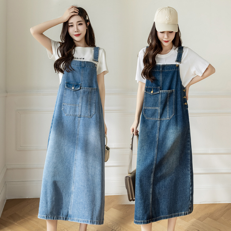 Real Shot Loose Casual All-match Denim Strap Dress Mid-length Slim Dress for Women