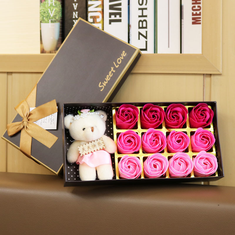 Artificial flower rose rose red fake flower red wholesale 6 18 12 flowers plus bear finished handmade flower bouquet