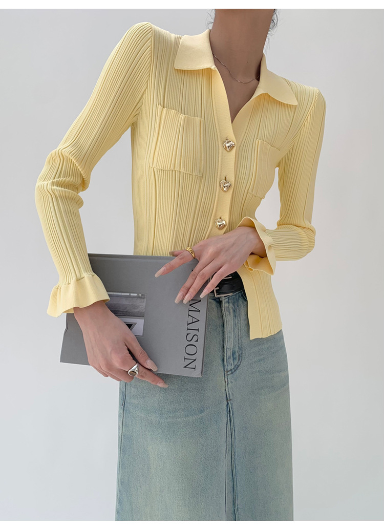 [Nouveauté le 21/03] Nouveau design Sense Split Knitted Jacket Cardigan jaune clair au printemps 2024_voghion.com