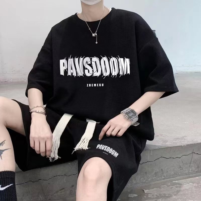 Summer waffle suit men's summer short-sleeved T-shirt fashion brand sportswear two-piece casual shorts teenagers