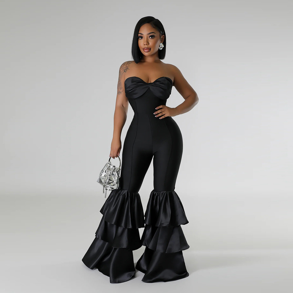  New Fashion Sexy Strapless Solid Color Pleated Lace Jumpsuit Women