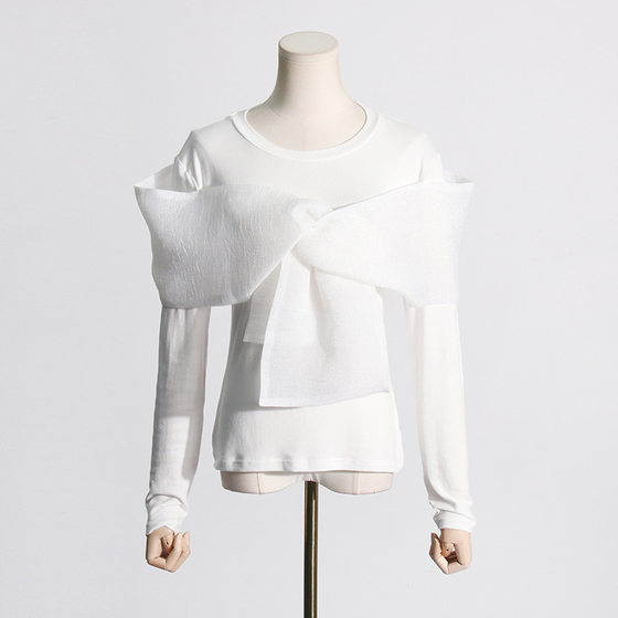 Fashion Net red niche style 2024 spring new round neck long sleeve personality cross bow solid color T-shirt for women
