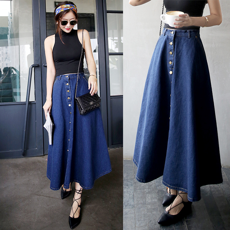 2023 Spring and Summer New Korean Style Loose Single-breasted Slim-fit High Waist Skirt Large Swing Umbrella Skirt Denim Long Skirt