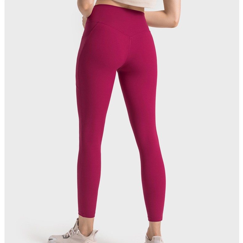 lulu European and American thread high waist hip lifting yoga pants pocket belly contracting tight sports pants running quick-drying fitness pants for women