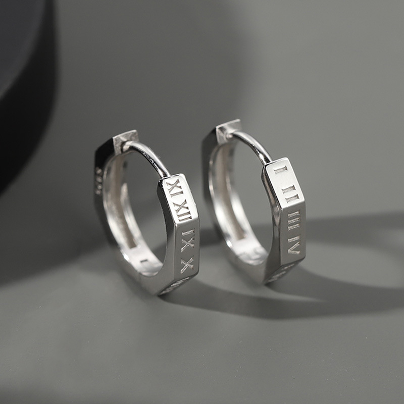 Roman Numeral Earrings Men's Trendy Personalized Trendy Men's Single Plain Ring Earrings Buckle Round Ring Earrings Niche Simple Men