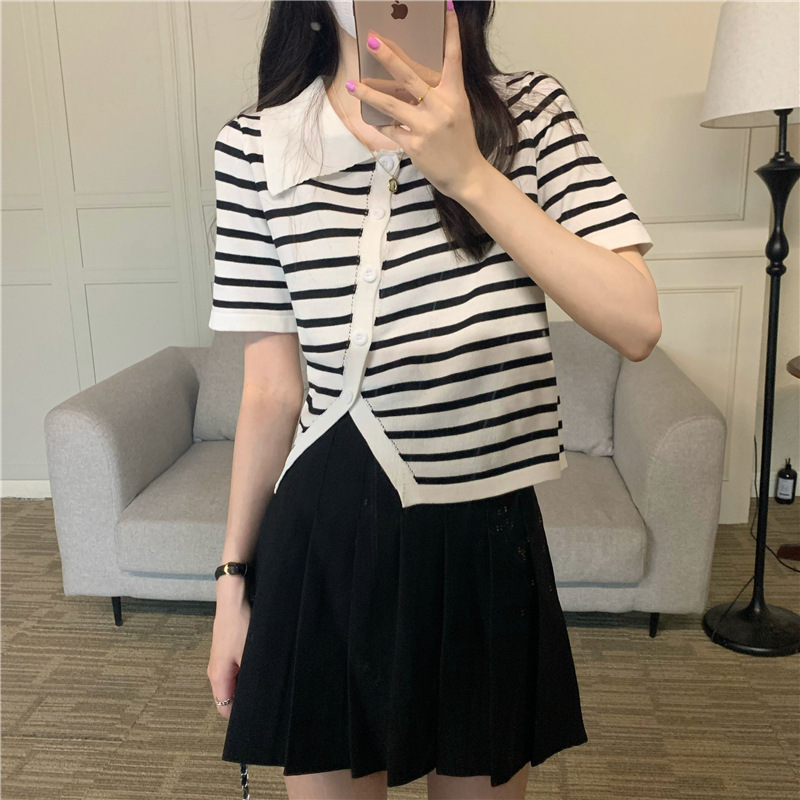 polo collar knitted cardigan short-sleeved T-shirt women ins summer  new Korean style striped irregular slit top