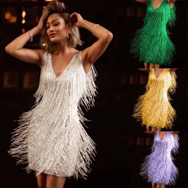 Wish Amazon AliExpress 2022 Low-cut V-neck Sexy Deep Sleeveless Pencil Skirt Mid-skirt Tassel Skirt INS