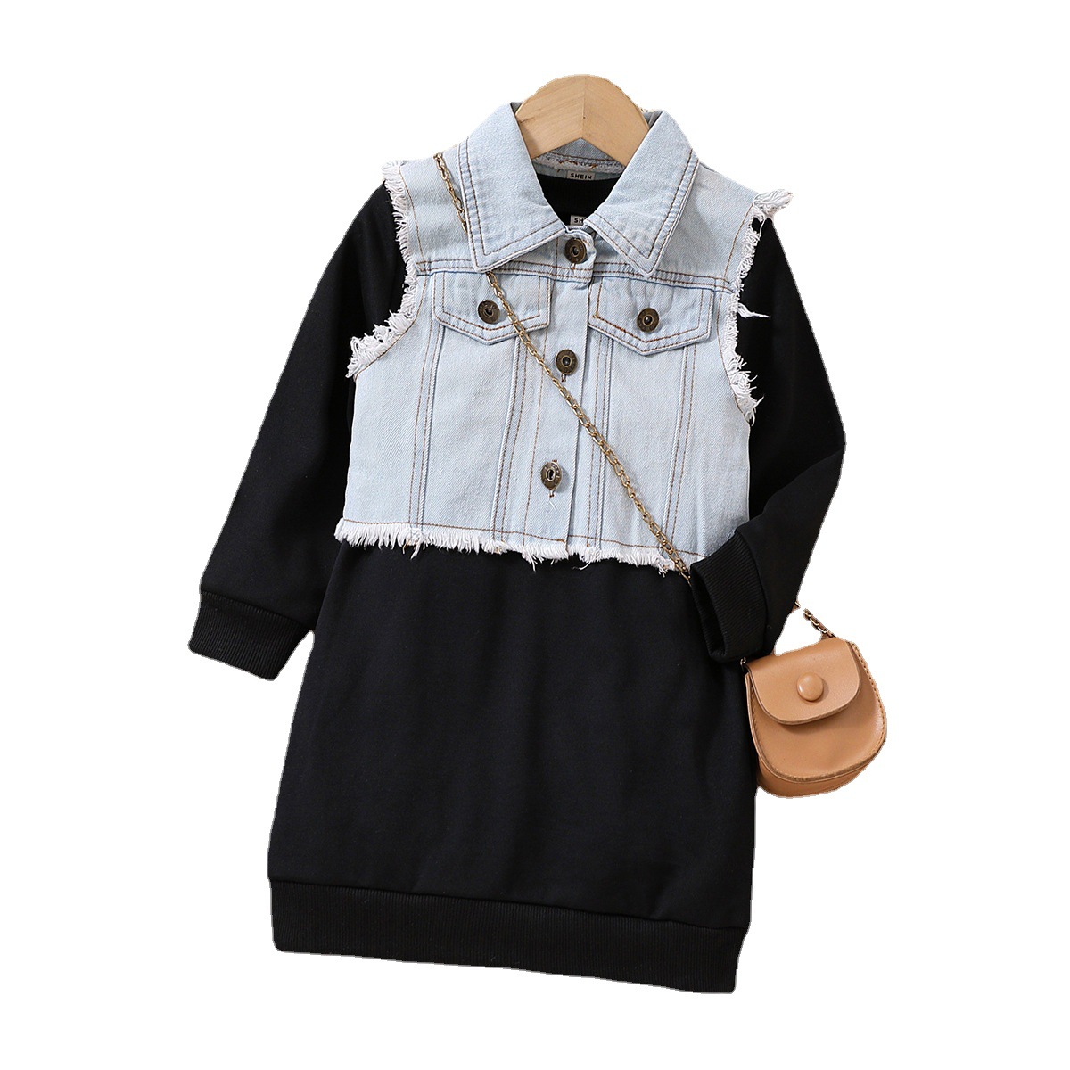 Original brand children's clothing autumn new  fashionable solid color long sleeve hoodie + stylish denim vest set of two