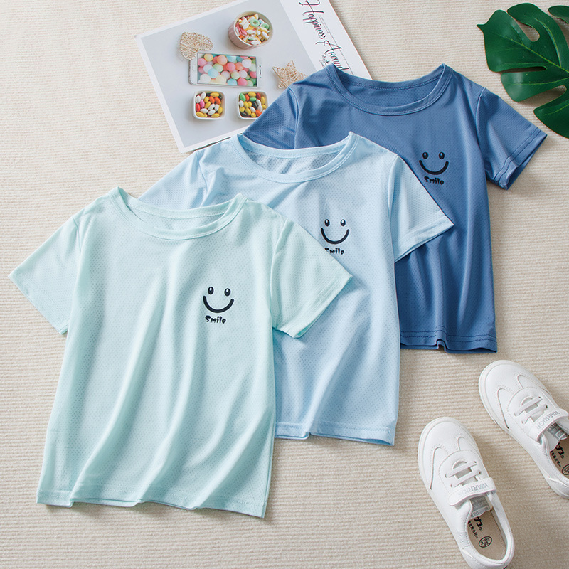 Children's ice silk T-shirt breathable mesh children's short sleeve smiley face baby half sleeve T-shirt bottoming shirt children's summer