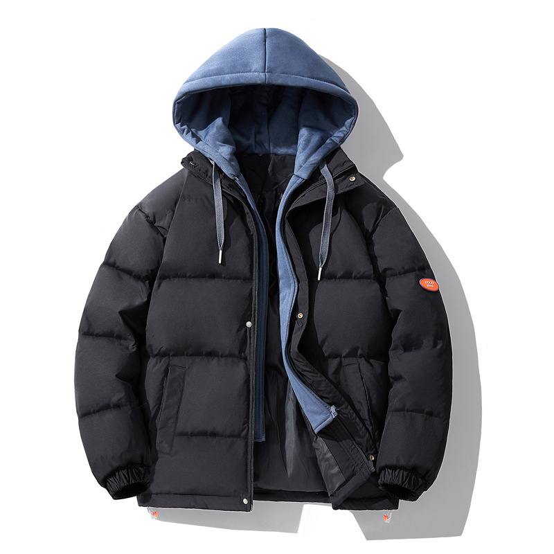 2023 new fake two-piece hooded cotton-padded coat men's autumn and winter fashion brand handsome cotton-padded coat Korean fashion loose bread coat