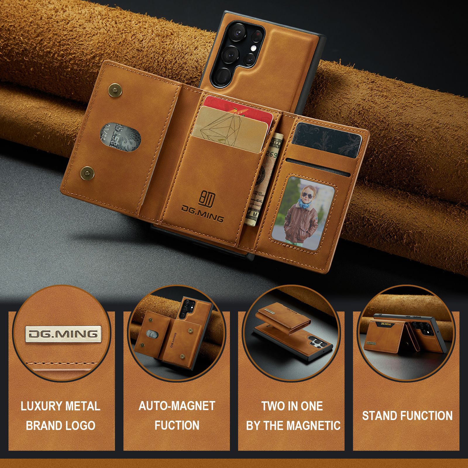 M2 for Samsung S23 Ultra Triple Magnetic Card Case S22 Ultra Retro Wallet Phone Case_voghion.com