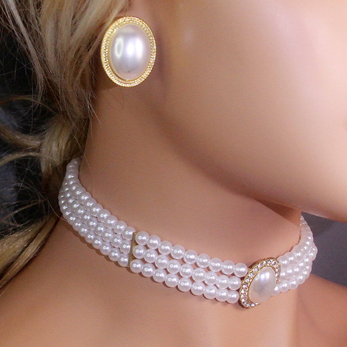 New Entry Light Luxury Vintage Oval Flash Diamond Bridal Pearl Necklace Women's French Style Dress Wedding Dress Performance Chain Earrings