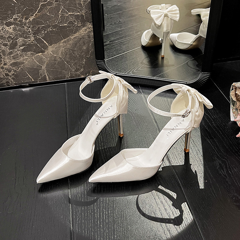 2023 new one-strap satin white wedding shoes sweet bow bridal shoes plus size high heels 42 43