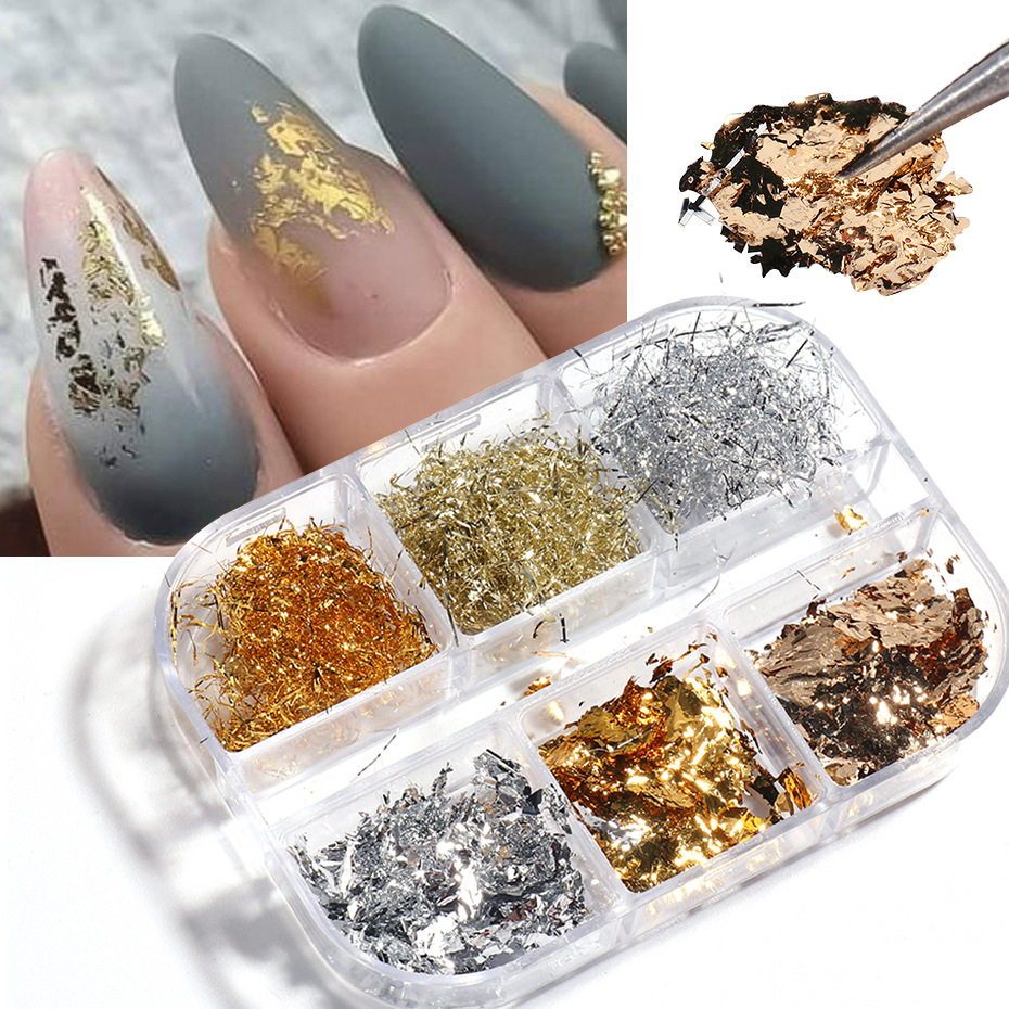 Cross-border new nail glitter ins gold and silver gold foil silk platinum fragments 6 grid boxed nail jewelry nail