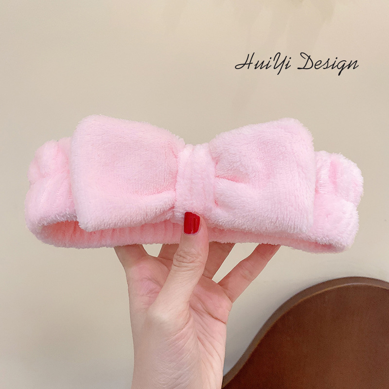 New Arrival Bow Hair Band Korean Style Internet Celebrity Women's Solid Color Flannel Face Wash Makeup Hair Band Plush Hair Accessories