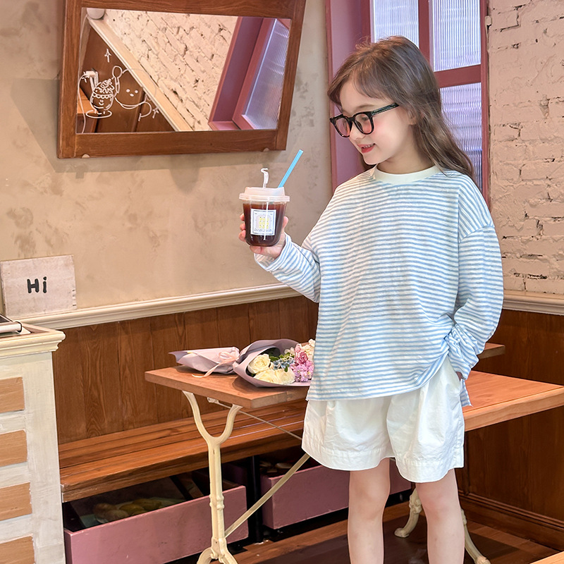 Elmo Beibei Zhongda Girls Summer Thin Long-sleeved T-shirt Trendy Children's Korean-style Western-style Loose Striped Sun-protective Clothing