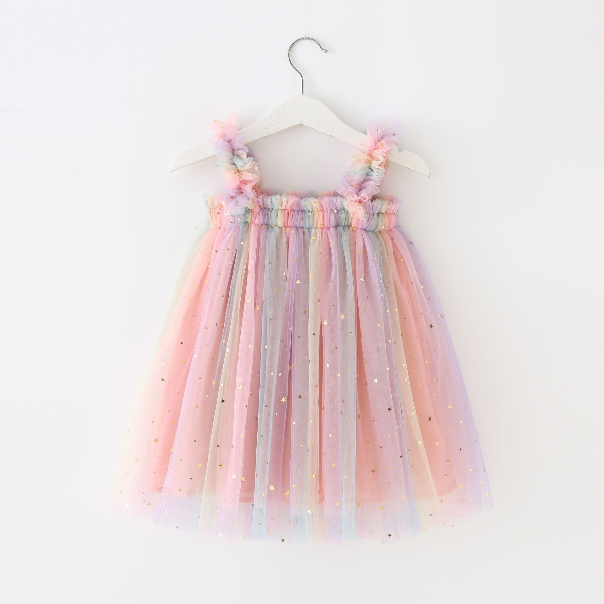 New Children's Dress Sequins Star Rainbow Strap Dress Mesh Puffy Dress Baby Photo Princess Dress