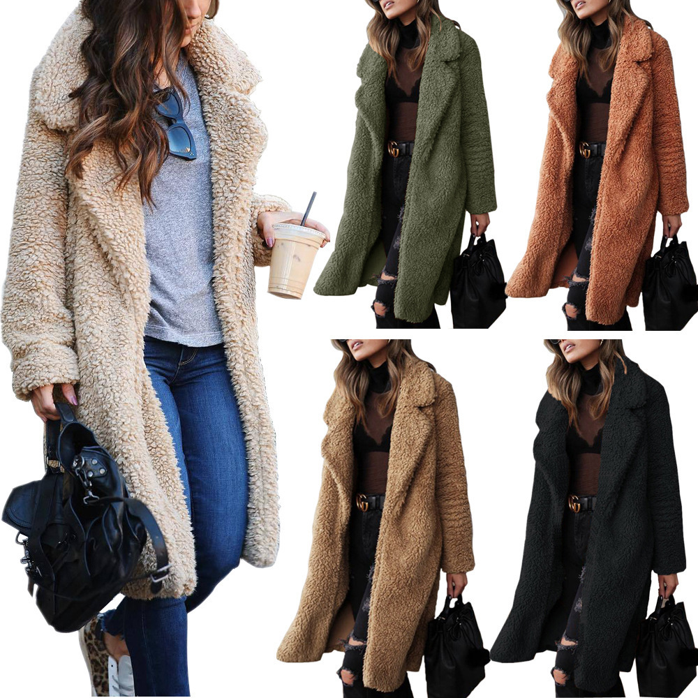 2023 autumn and winter cross-border foreign trade European and American long-sleeved lapel women's plush coat long coat Berber fleece double-sided fleece