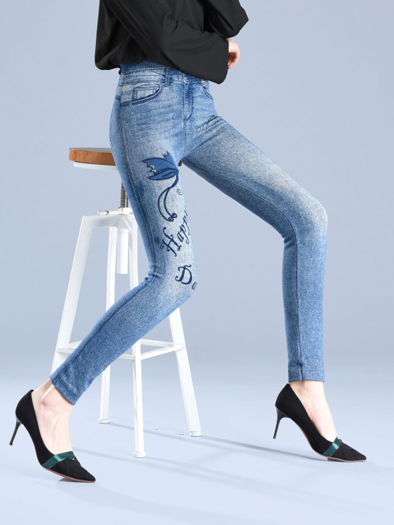 Cross-border autumn and winter imitation denim leggings women's high waist large elastic leggings plus size slim slim pants wholesale