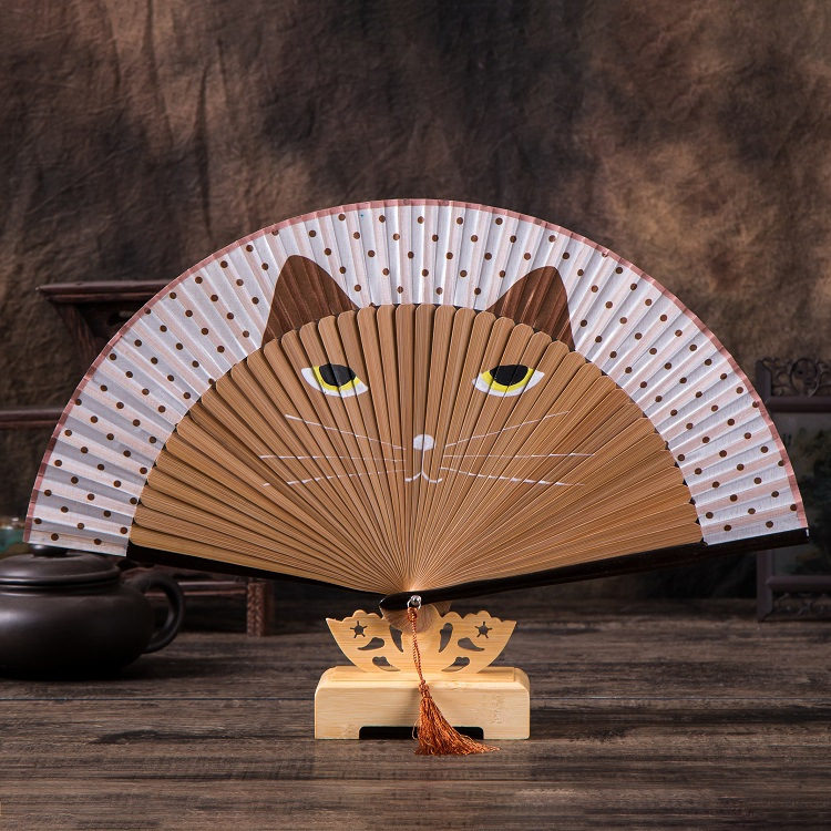 Paint Handle Hand-painted Cat Fan Japanese Girl's Bamboo Folding Fan Cartoon Totoro Fan Silk Creative Fan