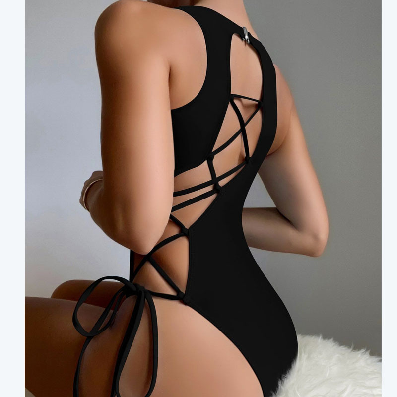 2024 new sexy European and American solid color lace-up swimsuit women's foreign trade triangle belly beach bikini swimsuit wholesale