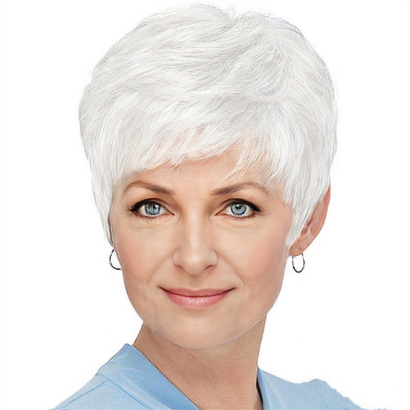 Overseas TikTok Hot Wig Women's Grandma Grey Side Short Straight Hair Middle-aged and Elderly Breathable Wig Full Head Cover Wholesale