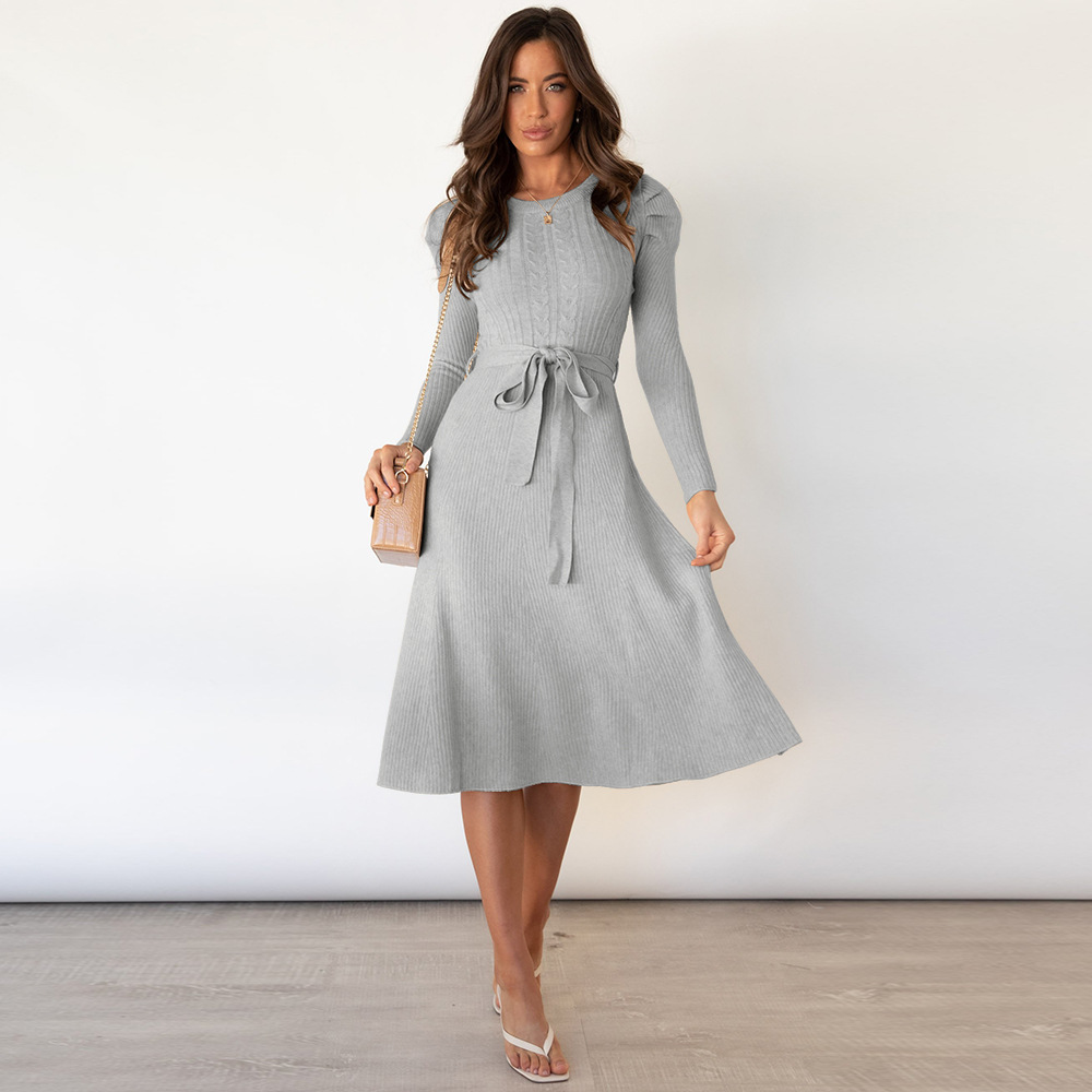 Autumn and Winter New Bubble Long-sleeved Knitted Skirt Mid-length Elegant Slimming High Waist Large Swing Dress Base Sweater Dress