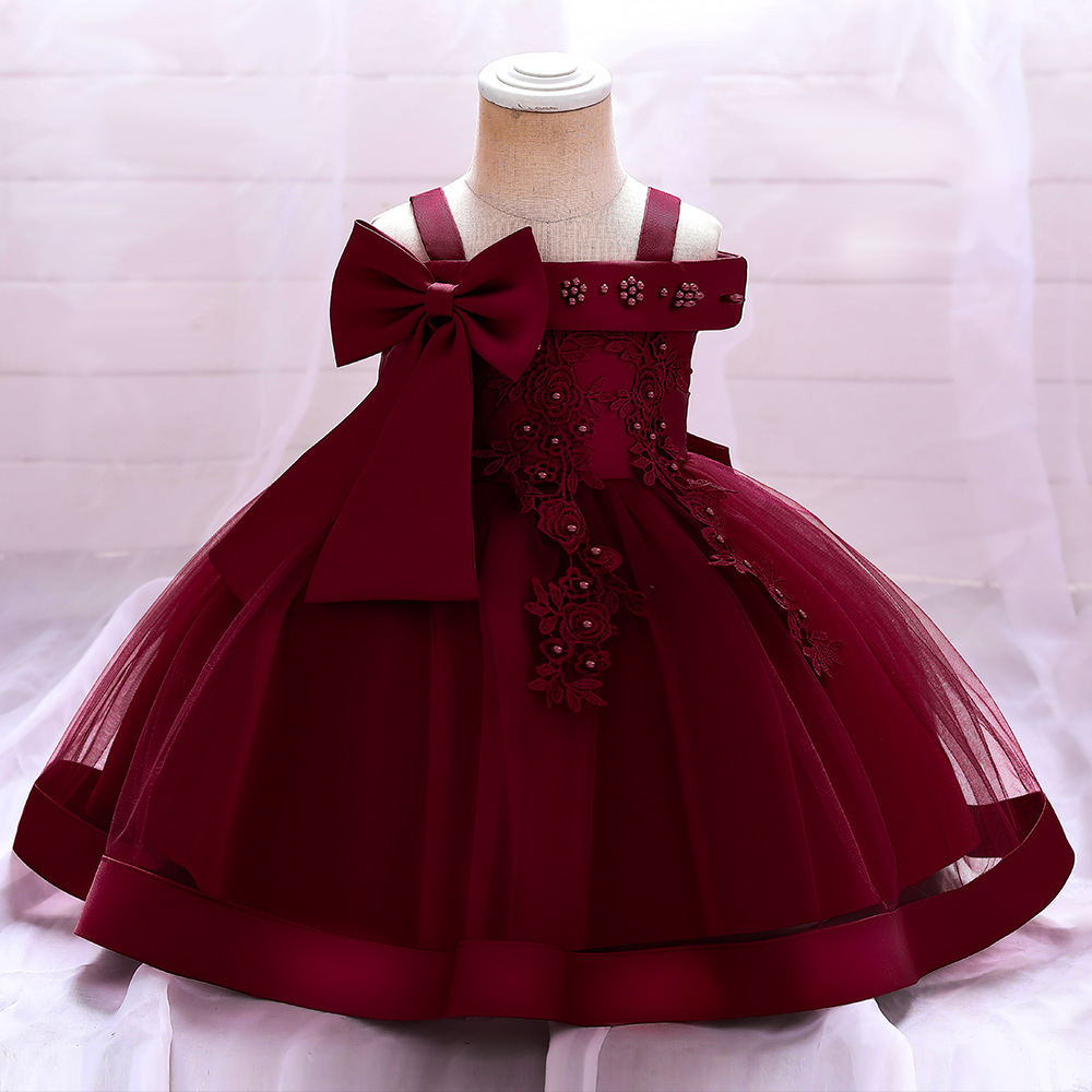 新款一字肩兒童禮服公主裙小花童婚紗裙女寶寶生日周歲兒童禮服