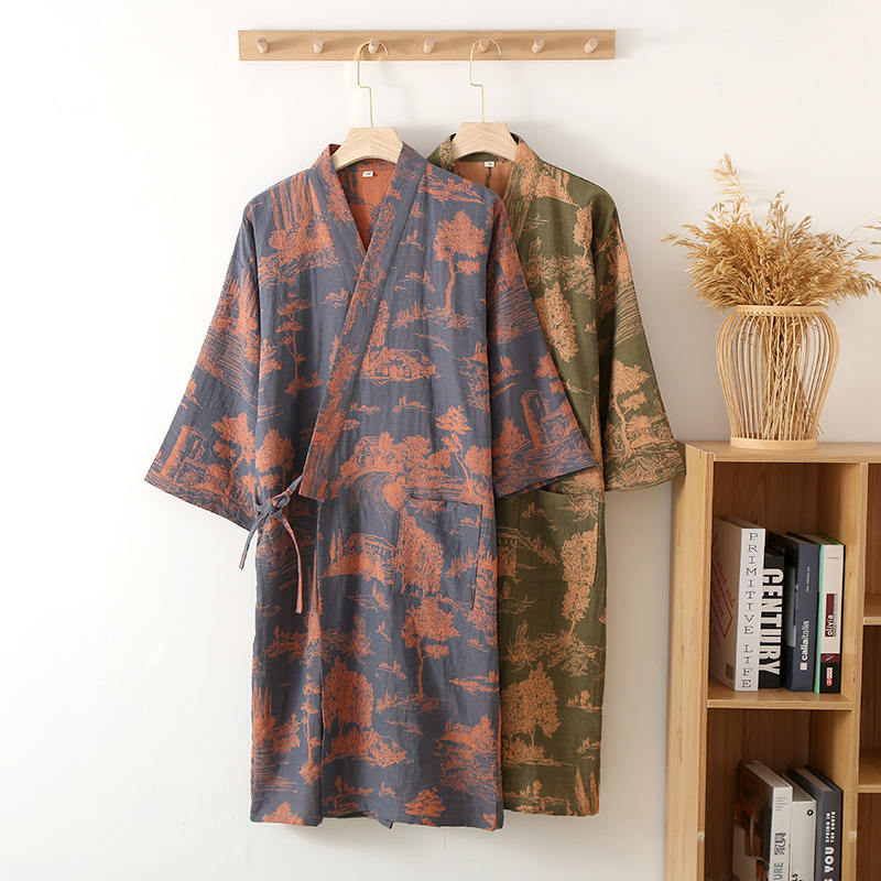 Pajamas men's nightgown cotton gauze men's bathrobe coat spring and summer autumn kimono cotton long nightdress