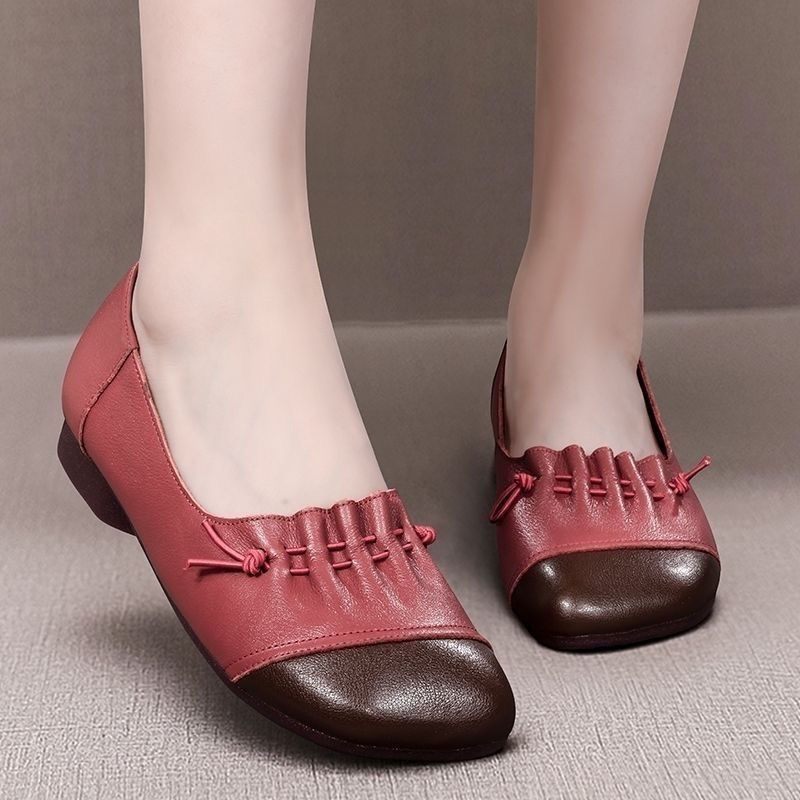 True Soft Leather Shoes Retro Flat Shoes for Mother 2024 Spring New Middle-aged and Old Women's Shoes Rubber Soft Shoes