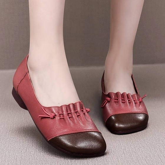 True Soft Leather Shoes Retro Flat Shoes for Mother 2024 Spring New Middle-aged and Old Women's Shoes Rubber Soft Shoes
