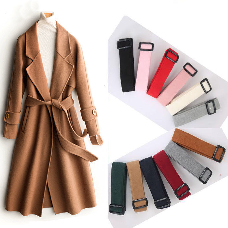 Double-Sided Woolen Coat Belt Women's Decorative Solid Color Bow Black Belt Simple All-Match Korean Style Belt for Autumn and Winter