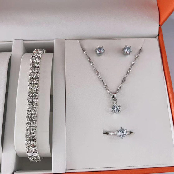 Hot Selling Simple suit Jewelry Fashion All-match Zircon Necklace Earrings Ring Bracelet Four-piece Jewelry in stock