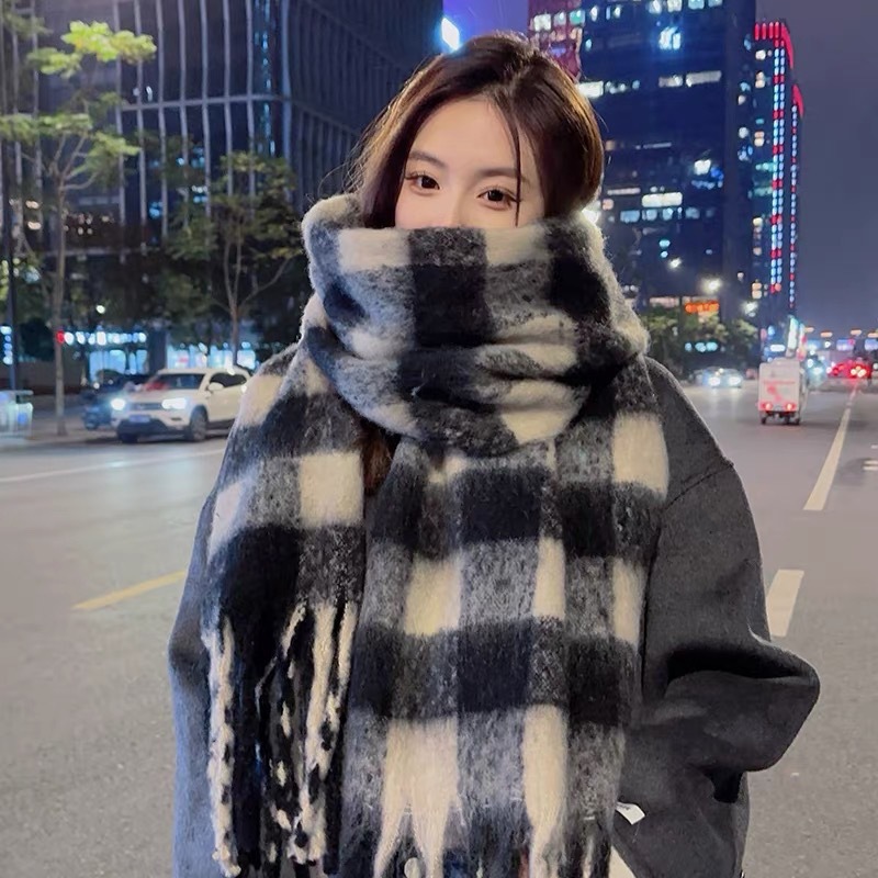 New Plaid Scarf Women's Winter High-end Mohair Imitation Cashmere Scarf Student All-match Warm Shawl Scarf