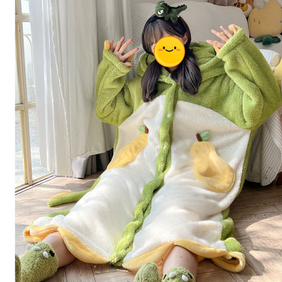 Dinosaur Pajamas Women's 2023 New Autumn and Winter Coral Fleece Nightgown Long Internet Popular Thickened Flannel Home Clothes