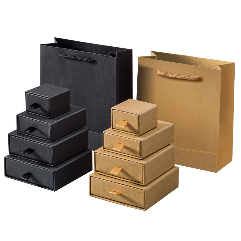 Vintage Kraft paper jewelry box square black jewelry box necklace ring earrings heaven and earth cover manufacturers wholesale