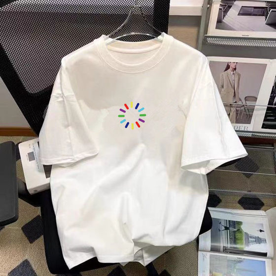 Trendy Brand Internet Celebrity Cotton T-Shirt 2024 New Men's Loose plus size Crewneck Printed Sports Base Top T