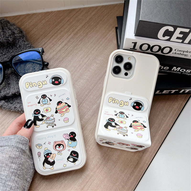 可愛企鵝翻蓋摺疊支架適用iphone15Promax蘋果14手機殼13磁吸12女