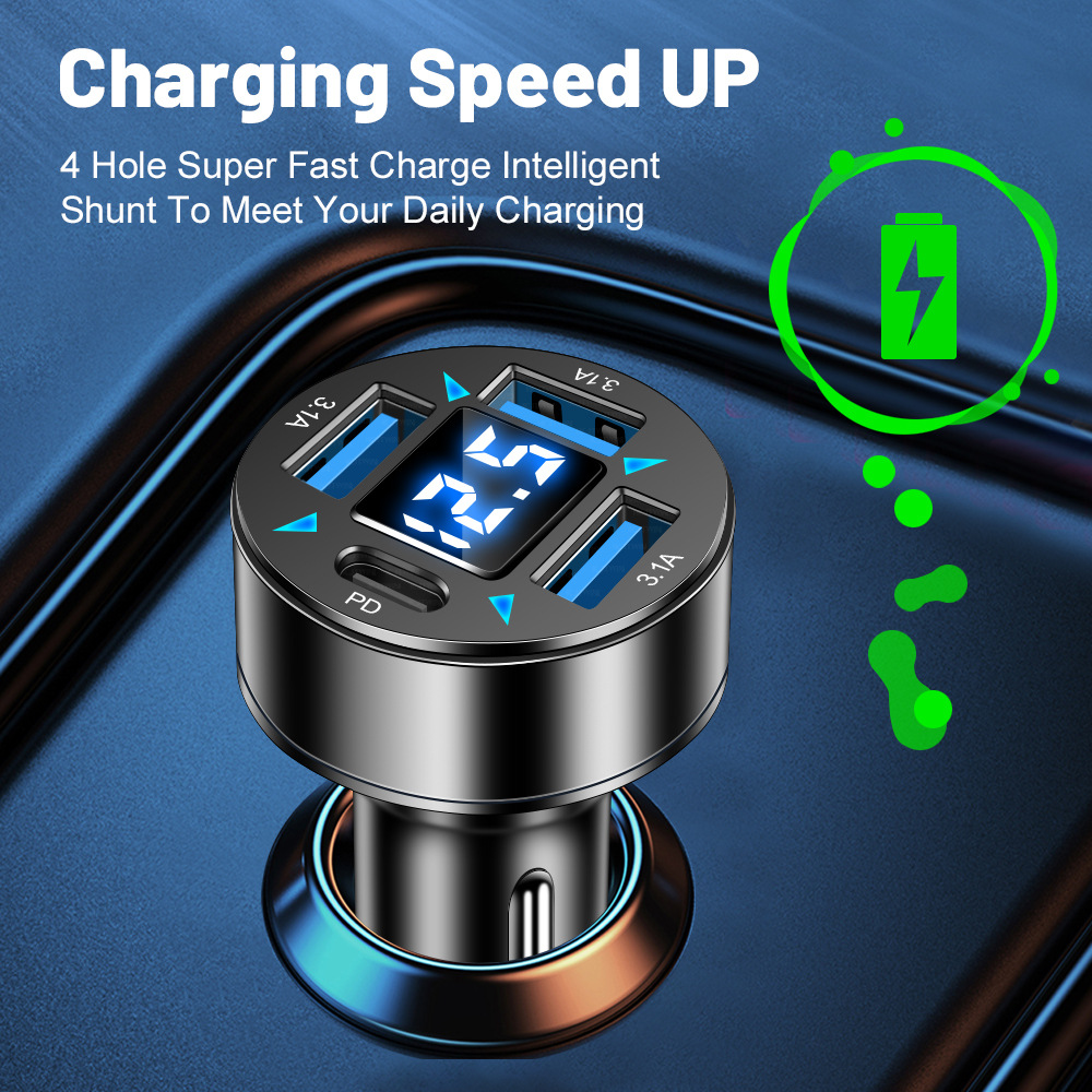 3USB + PD four-in-one with display 3.1A digital display Car Charger car charger one for four Type-c car charger