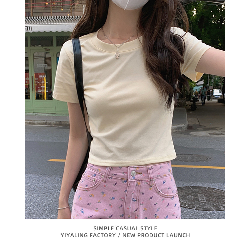 White Shoulder Short-sleeved T-shirt Women's Summer Pure Cotton Slim-fit Slimming All-match Short T-shirt Basic Base Top