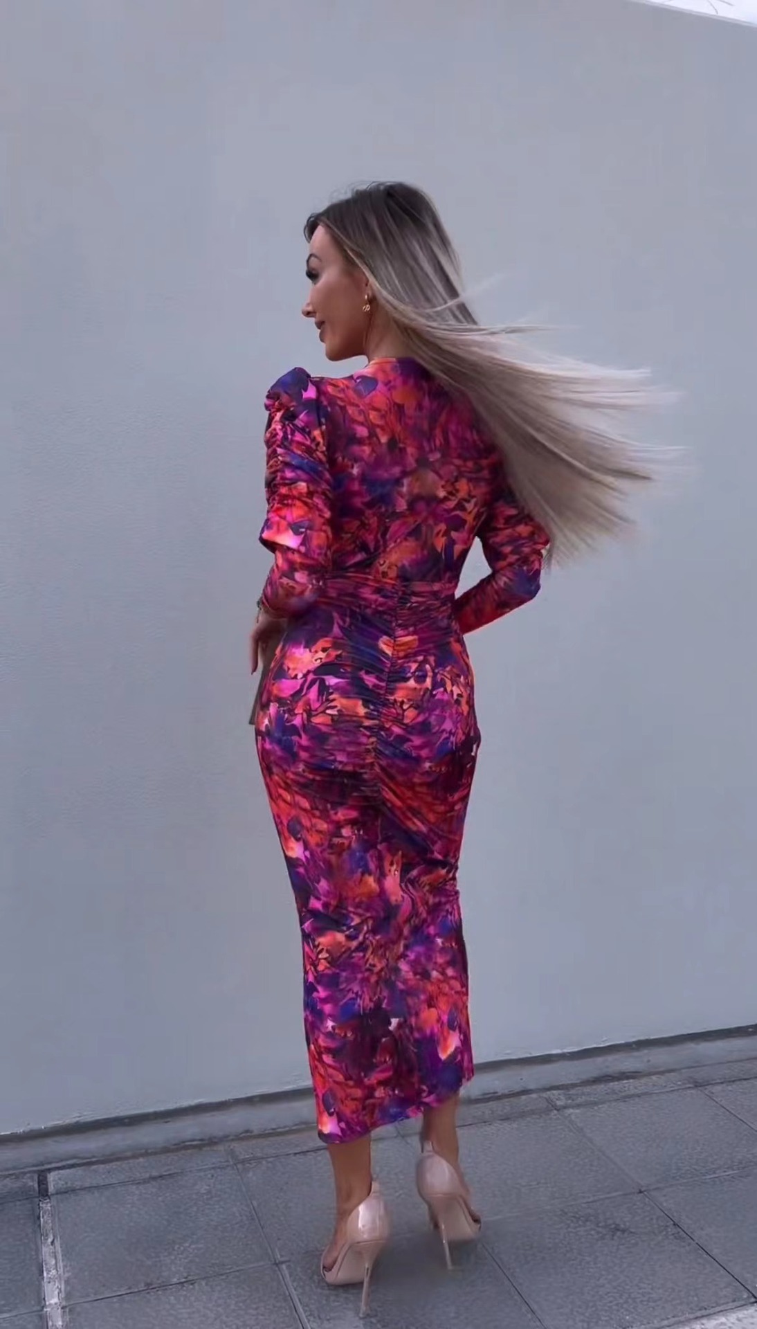 2023 European and American cross-border spring new fashion printed deep V-neck sheath high elastic long split dress women