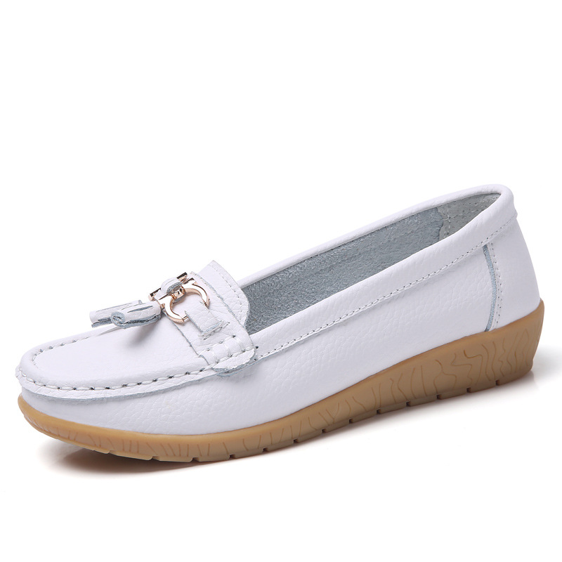 Cross-border Spring and Autumn New Cowhide Middle-aged and Elderly Mother Shoes Flat Bean Shoes Soft Bottom Large Size Wedge Nurse Shoes
