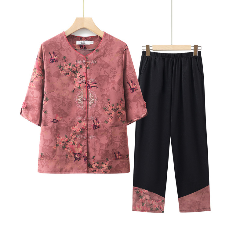Grandma Summer suit Middle-aged and Elderly Women's Half-sleeved Shirt for Mother Two-piece Set Old Man's Wife Summer Loose Cardigan