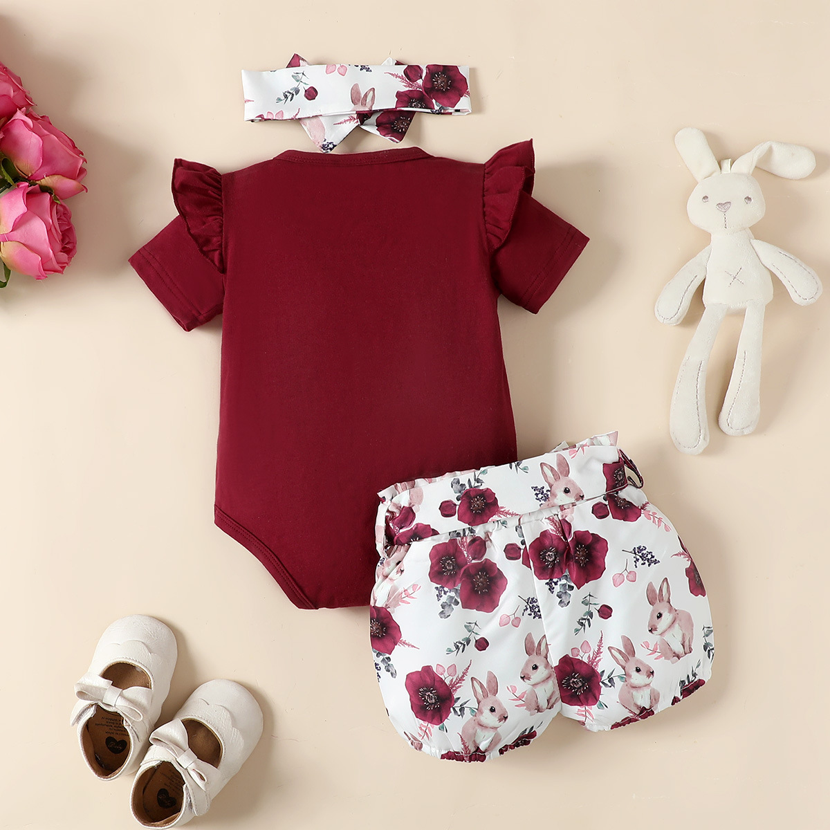 Spring/Summer 2020 new rabbit embroidered flying sleeve romper top + Rabbit printed shorts + headscarf