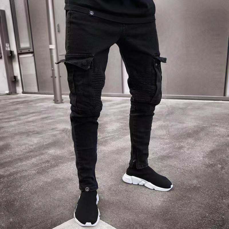 Cross-border Best Selling for Europe and America Amazon Stretch Men's Jeans Trendy Knee Ripped Zipper Pants