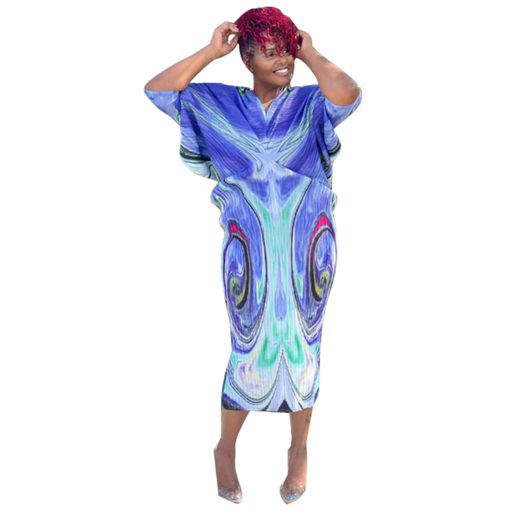 K10263 Independent Station European and American Women's Cross-border Supply 2023 Explosions Plus Color V-Collar Bat Sleeve Printed dress