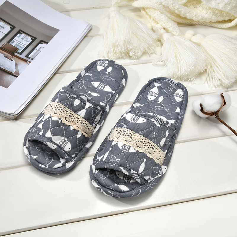 Autumn and winter women's cotton slippers home lace edge non-slip soft bottom confinement shoes warm home couple open toe slippers